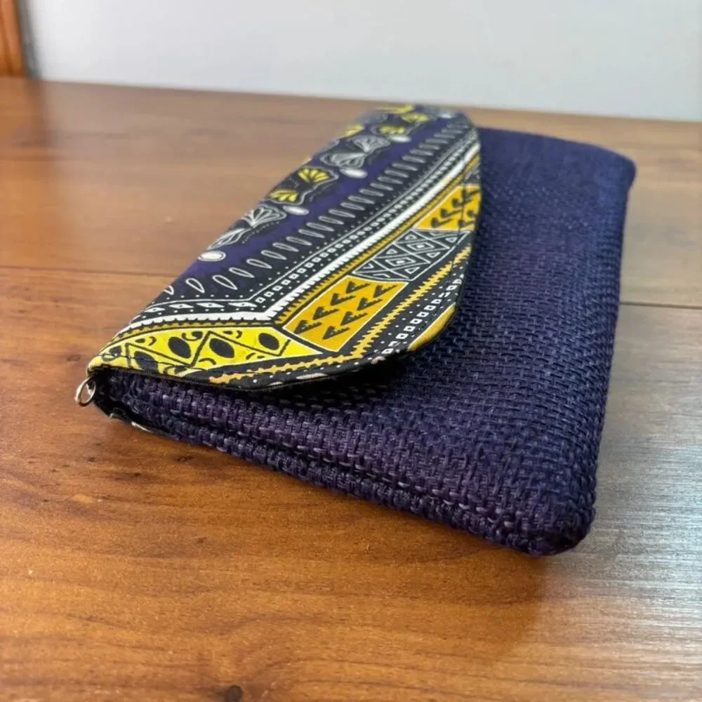 Ethnic African Dashiki Print Envelope Clutch Purse Purple Yellow Woven Tweed